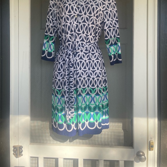 Sandra Darren Dresses & Skirts - Sandra Darren Navy, Blue & Green Geometric Midi Dress with Belt